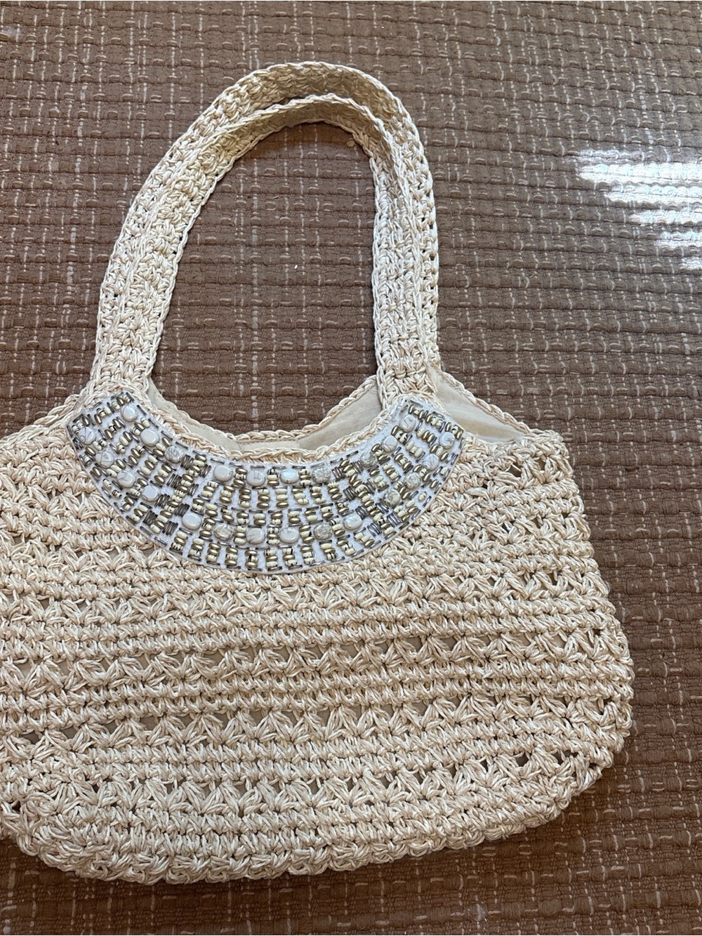 Handcrafted Cream Crochet Tote with Beaded Accent